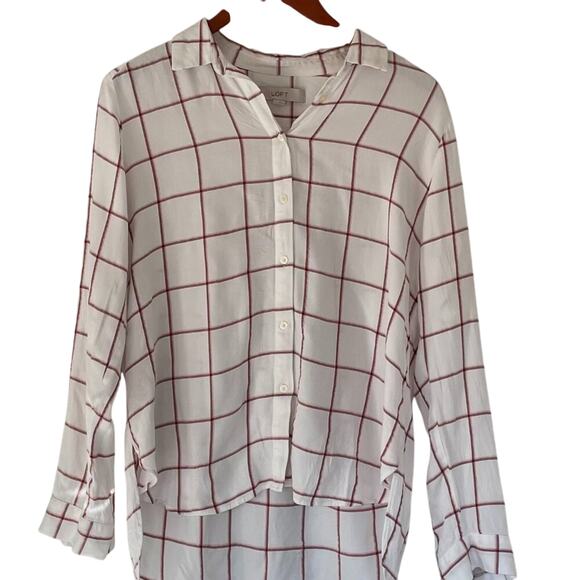 LOFT Lightweight Pink, White Check Button Down Collared High Low Shirt, M - Picture 1 of 14